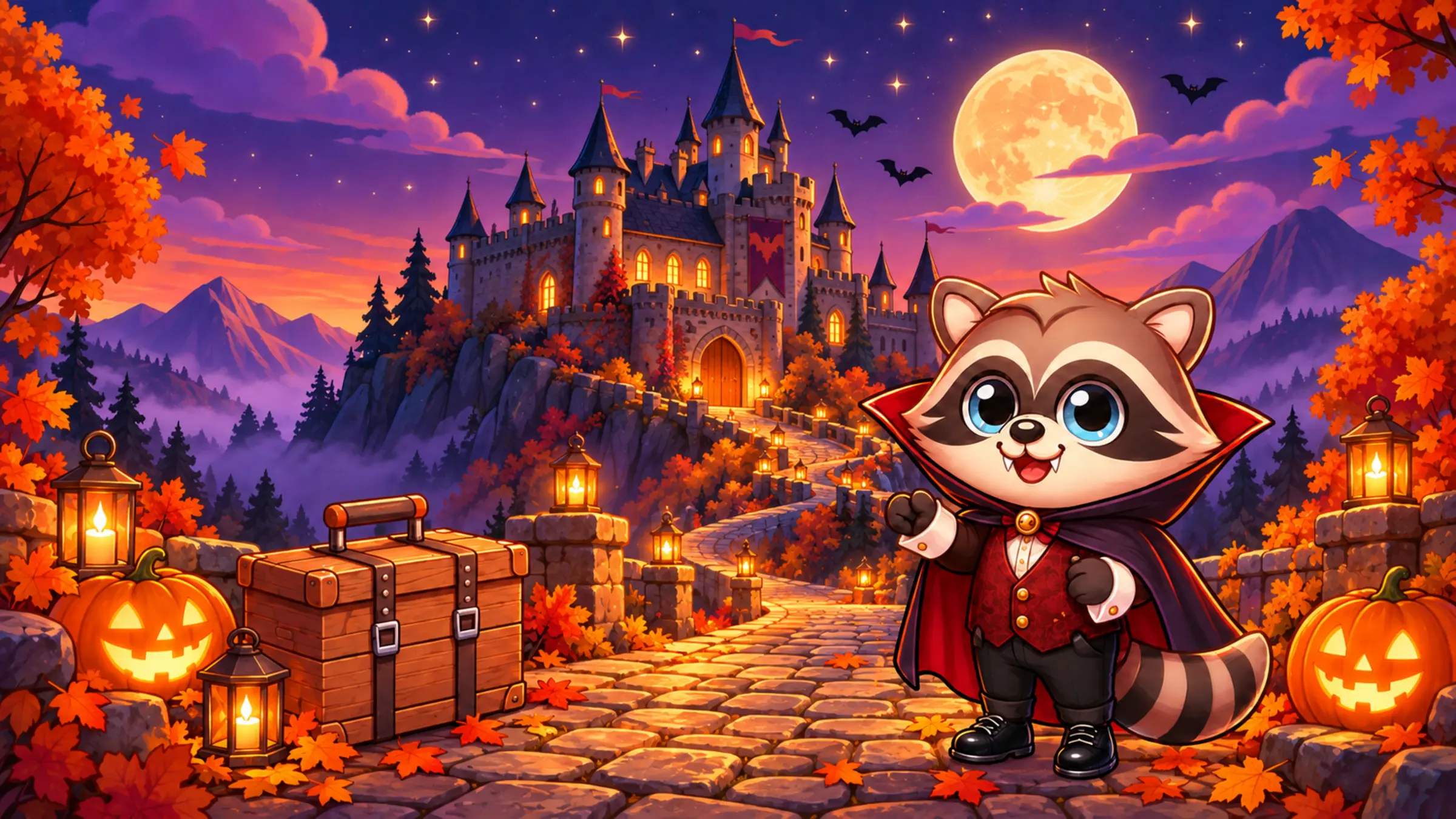 Pawl v upírskom plášti na kamennom chodníku pred hradom za mesačnej halloweenskej noci