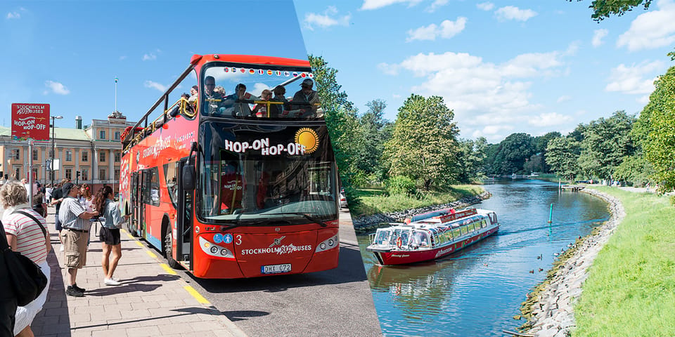 Split image of a red double-decker bus and a riverboat, both with "Hop-on Hop-off" text. Bus is in a city setting, boat in a lush landscape.