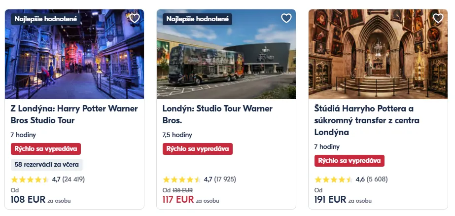 Three tour ads show Harry Potter attractions: a vibrant alley, Warner Bros. Studio, and Hogwarts-like interior. Prices in euros are listed.